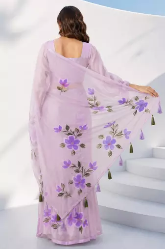 Women lavender organza digital print floral saree with unstitched blouse piece