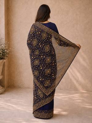 Women blue poly georgette zari embroidery floral ethnic motif saree with daman & pallu work and unstitched blouse piece 4