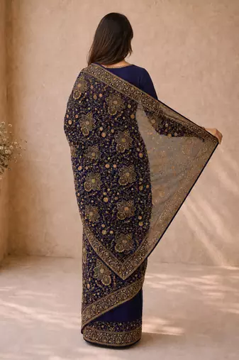 Women blue poly georgette zari embroidery floral ethnic motif saree with daman & pallu work and unstitched blouse piece