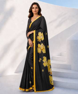 Women yellow & black silk blend digital print floral polka saree with unstitched blouse piece 3