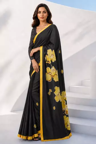 Women yellow & black silk blend digital print floral polka saree with unstitched blouse piece