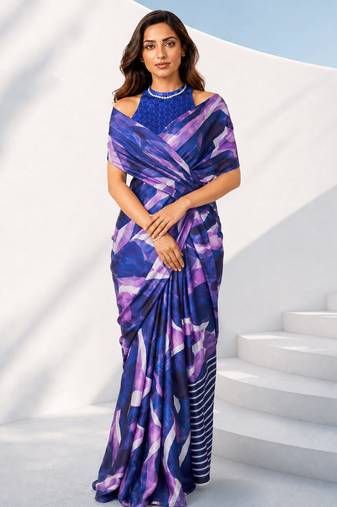 Women silk blend digital print abstract striped saree with unstitched blouse piece - blue