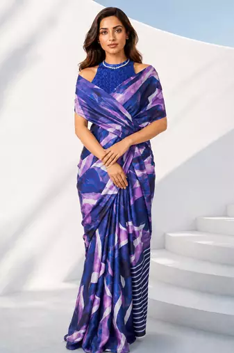 Women silk blend digital print abstract striped saree with unstitched blouse piece - blue
