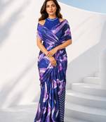 Women silk blend digital print abstract striped saree with unstitched blouse piece - blue