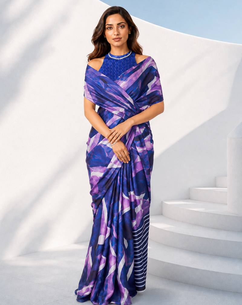 Women silk blend digital print abstract striped saree with unstitched blouse piece - blue