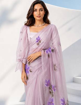 Women lavender organza digital print floral saree with unstitched blouse piece 5