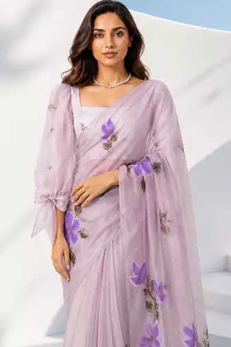 Women lavender organza digital print floral saree with unstitched blouse piece