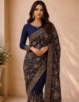 Women blue poly georgette zari embroidery floral ethnic motif saree with daman & pallu work and unstitched blouse piece 5