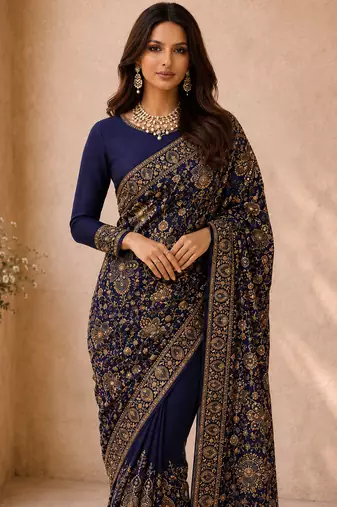 Women blue poly georgette zari embroidery floral ethnic motif saree with daman & pallu work and unstitched blouse piece