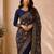 Women blue poly georgette zari embroidery floral ethnic motif saree with daman & pallu work and unstitched blouse piece