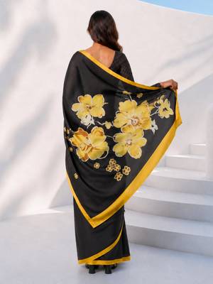 Women yellow & black silk blend digital print floral polka saree with unstitched blouse piece 4
