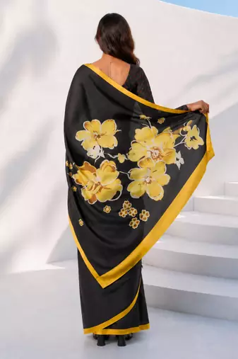 Women yellow & black silk blend digital print floral polka saree with unstitched blouse piece
