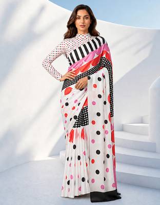 Women silk blend digital print polka dot striped saree with unstitched blouse piece - pink 1