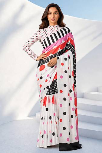 Women silk blend digital print polka dot striped saree with unstitched blouse piece - pink