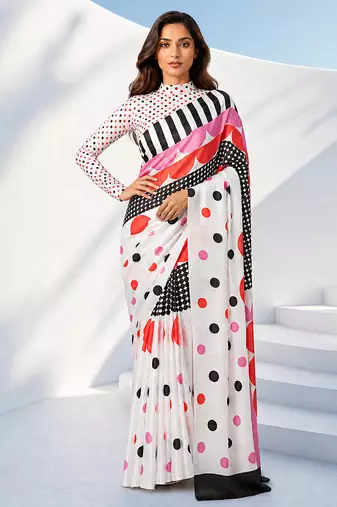 Women silk blend digital print polka dot striped saree with unstitched blouse piece - pink