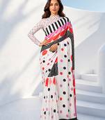Women silk blend digital print polka dot striped saree with unstitched blouse piece - pink