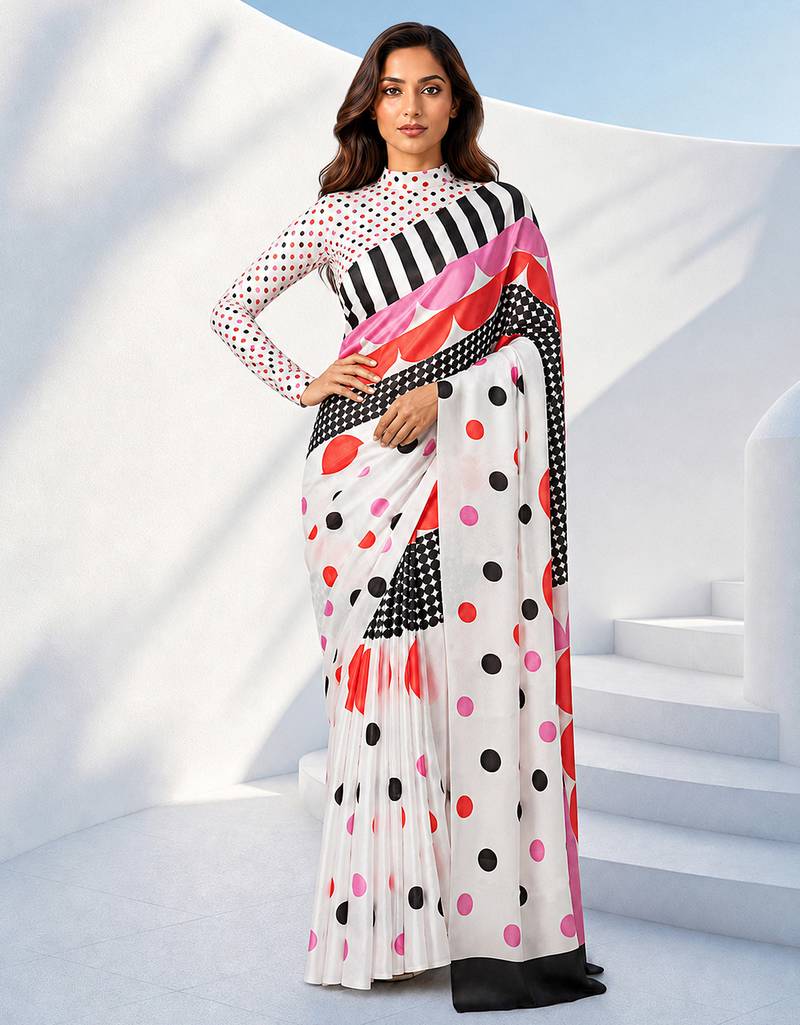 Women silk blend digital print polka dot striped saree with unstitched blouse piece - pink
