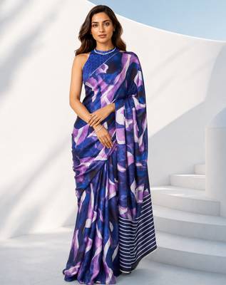 Women silk blend digital print abstract striped saree with unstitched blouse piece - blue 2