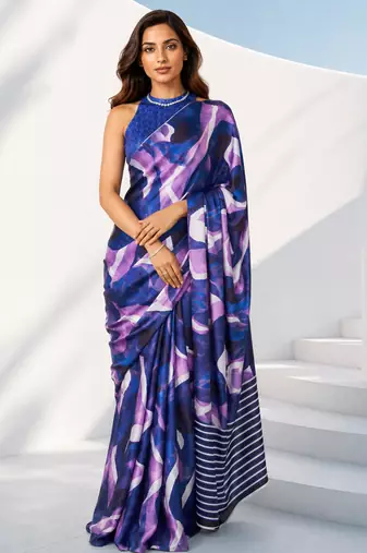 Women silk blend digital print abstract striped saree with unstitched blouse piece - blue