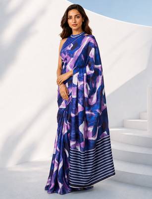 Women silk blend digital print abstract striped saree with unstitched blouse piece - blue 3