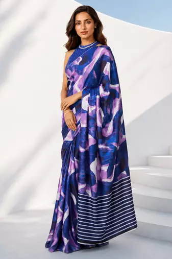 Women silk blend digital print abstract striped saree with unstitched blouse piece - blue