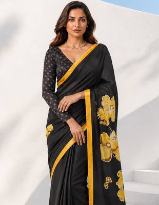 Women yellow & black silk blend digital print floral polka saree with unstitched blouse piece 5