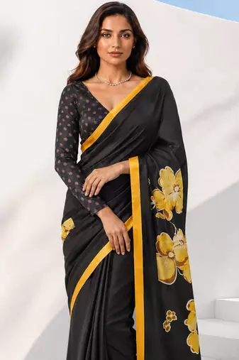 Women yellow & black silk blend digital print floral polka saree with unstitched blouse piece