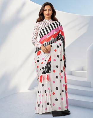 Women silk blend digital print polka dot striped saree with unstitched blouse piece - pink 2