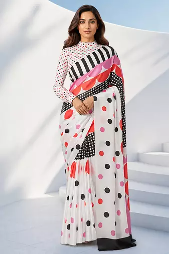 Women silk blend digital print polka dot striped saree with unstitched blouse piece - pink