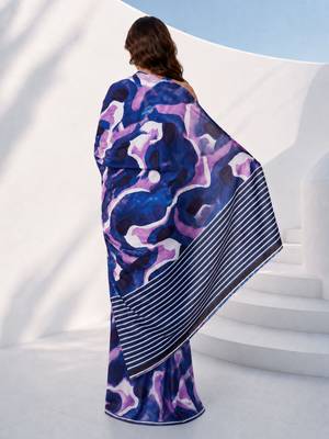 Women silk blend digital print abstract striped saree with unstitched blouse piece - blue 4