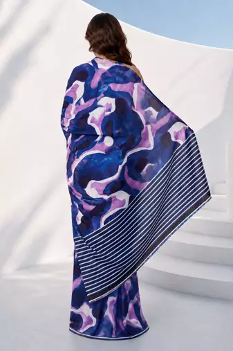 Women silk blend digital print abstract striped saree with unstitched blouse piece - blue