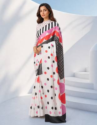 Women silk blend digital print polka dot striped saree with unstitched blouse piece - pink 3
