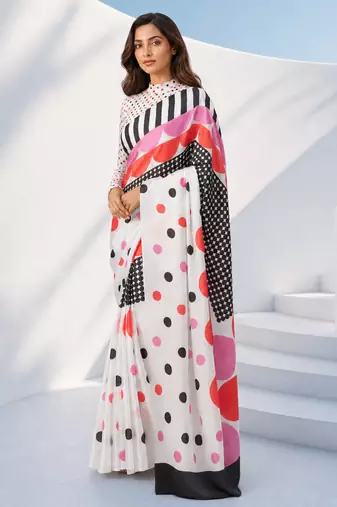 Women silk blend digital print polka dot striped saree with unstitched blouse piece - pink