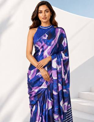 Women silk blend digital print abstract striped saree with unstitched blouse piece - blue 5