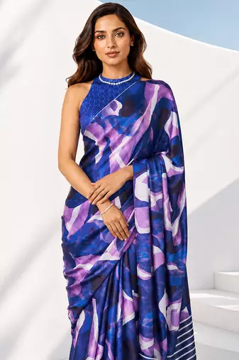 Women silk blend digital print abstract striped saree with unstitched blouse piece - blue