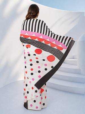 Women silk blend digital print polka dot striped saree with unstitched blouse piece - pink 4