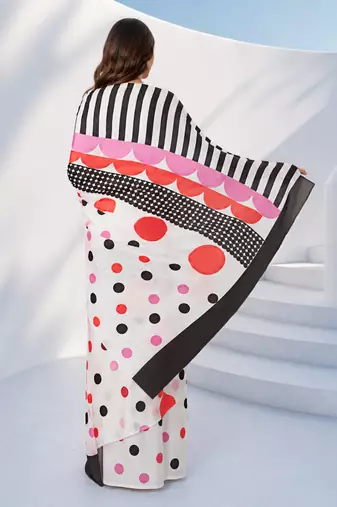 Women silk blend digital print polka dot striped saree with unstitched blouse piece - pink