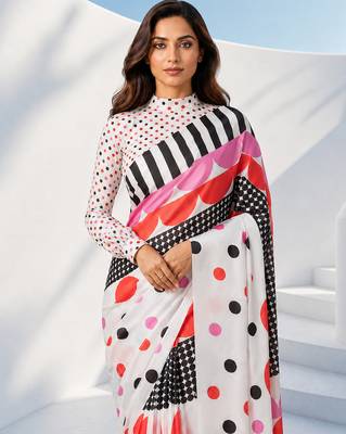 Women silk blend digital print polka dot striped saree with unstitched blouse piece - pink 5