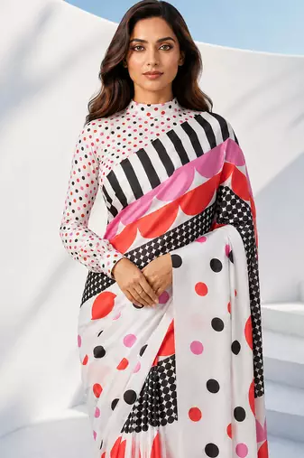 Women silk blend digital print polka dot striped saree with unstitched blouse piece - pink