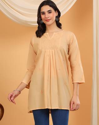 Women beige floral embroidered chikankari v neck pure cotton flared short kurtis 1