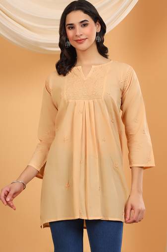 Women beige floral embroidered chikankari v neck pure cotton flared short kurtis