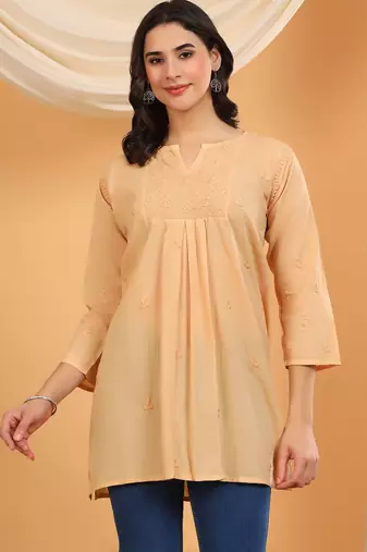 Women beige floral embroidered chikankari v neck pure cotton flared short kurtis