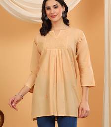 Women beige floral embroidered chikankari v neck pure cotton flared short kurtis