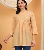 Women beige floral embroidered chikankari v neck pure cotton flared short kurtis