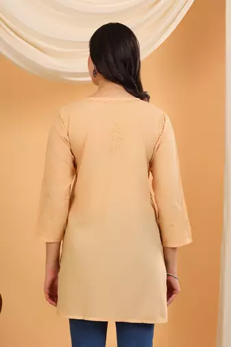 Women beige floral embroidered chikankari v neck pure cotton flared short kurtis