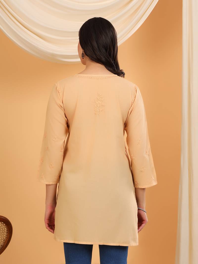 Women beige floral embroidered chikankari v neck pure cotton flared short kurtis
