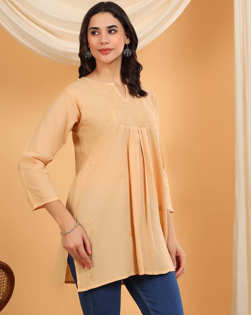 Women beige floral embroidered chikankari v neck pure cotton flared short kurtis
