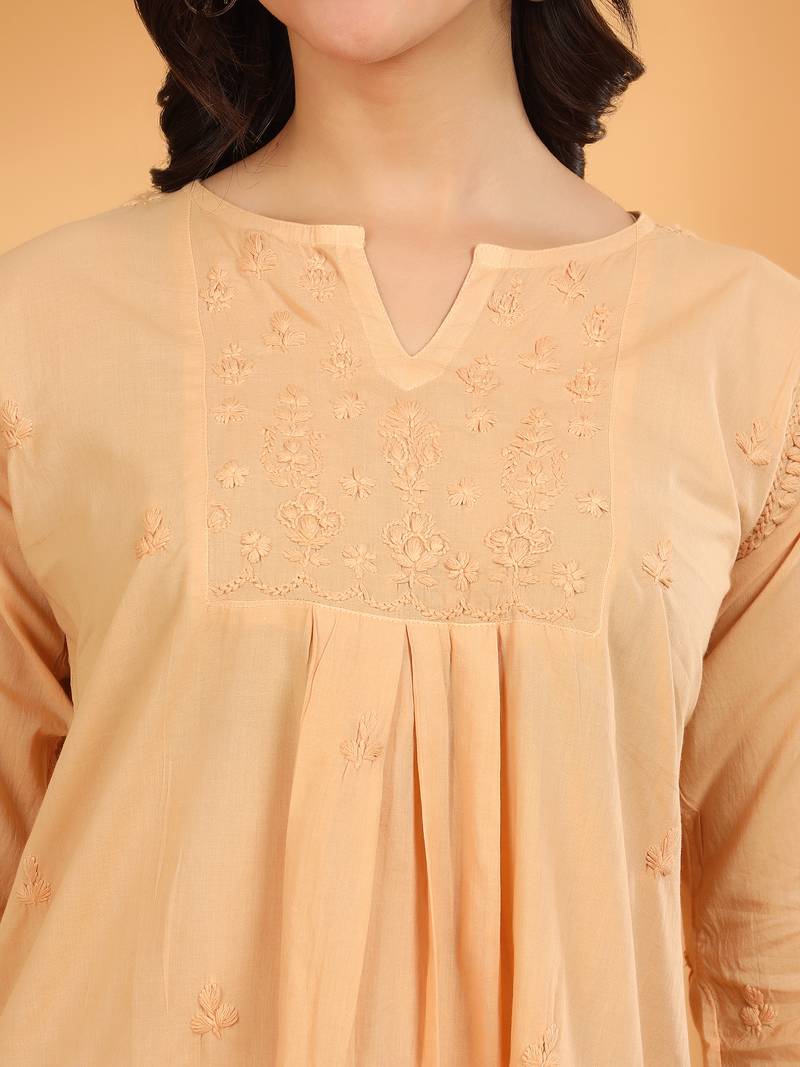 Women beige floral embroidered chikankari v neck pure cotton flared short kurtis