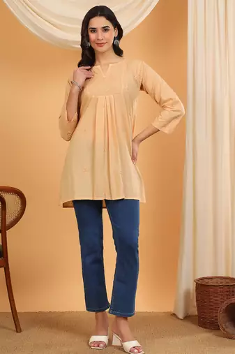 Women beige floral embroidered chikankari v neck pure cotton flared short kurtis