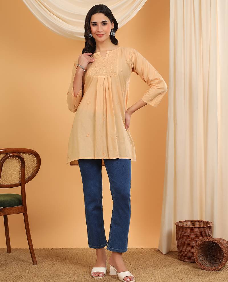 Women beige floral embroidered chikankari v neck pure cotton flared short kurtis